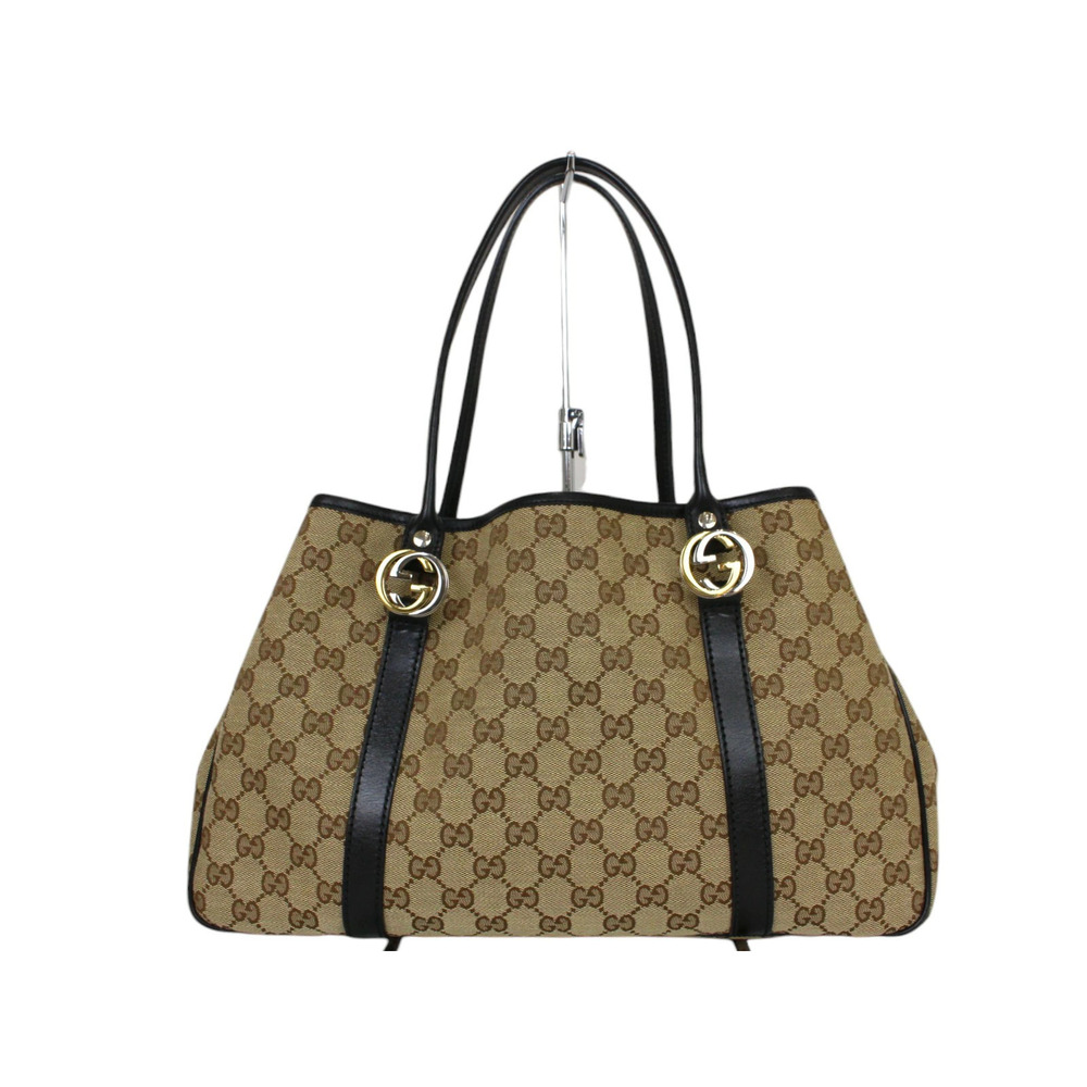 GUCCI GG Twins Tote Bag Handbag Shoulder Canvas Leather Brown Black